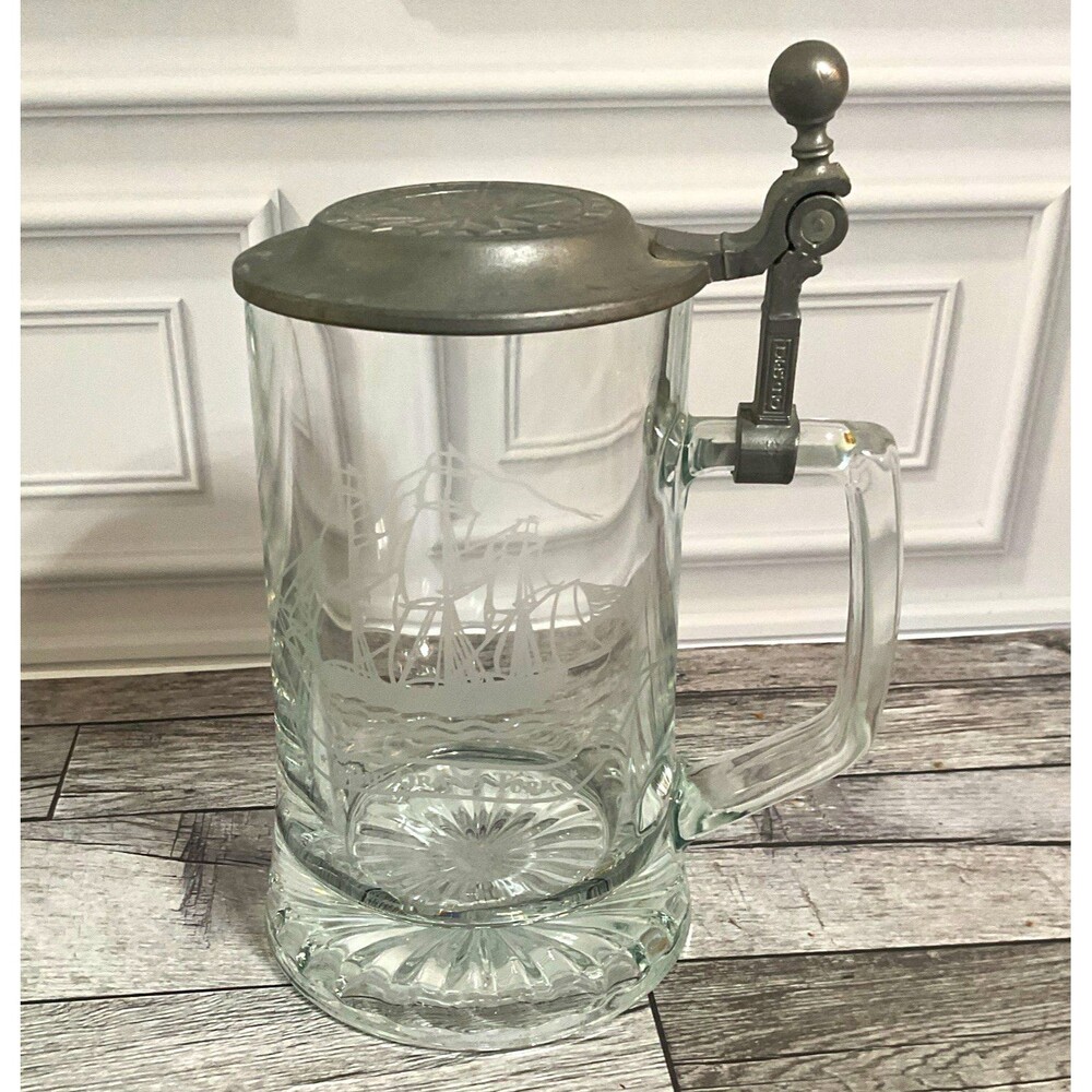 Eisch Glass Lidded Beer Stein Mug Etched Sailboat Hinged Pewter Lid. Old spice